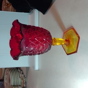 American Cut Glass Daisy & Amberina Compote Ruffle Top